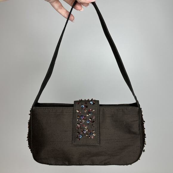 Vintage Y2K Ann Taylor Brown Sequin Baguette Shoulder Bag Carrie Bradshaw - Picture 1 of 16
